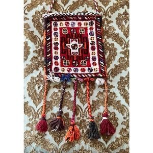 Vintage persian wool carpet salt rug bag tassels textile tapestry wall hanging